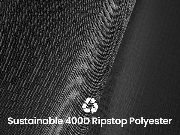 Dayanıklı, hafif ve su itici 400D ripstop polyester.